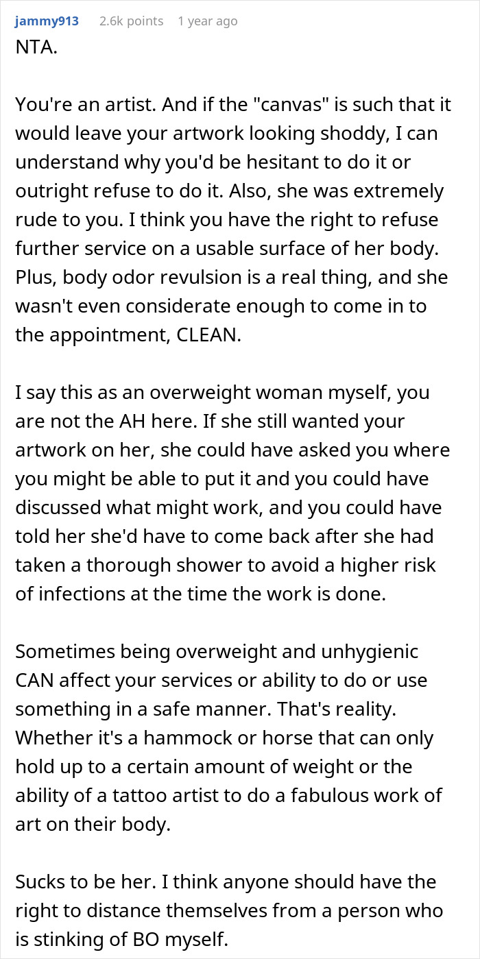 “AITA For Refusing To Tattoo An Extremely Overweight Woman?”