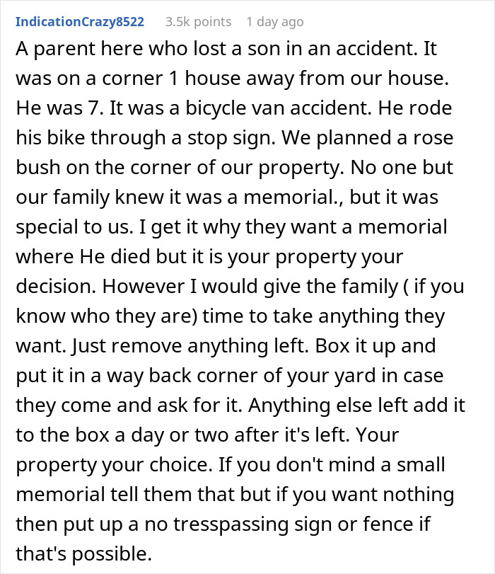 Man Asks If He’d Be A Jerk To Ask Parents To Remove Their Child’s Memorial From His Property Man Asks If He’d Be A Jerk To Ask Parents To Remove Their Child’s Memorial From His Property