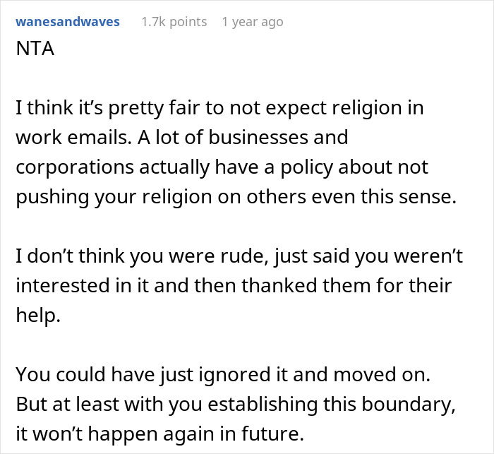 Woman Shuts Down Religious Email At Work, Says “I Don’t Like Prayer/Blessed Language Directed At Me” Woman Shuts Down Religious Email At Work, Says “I Don’t Like Prayer/Blessed Language Directed At Me”