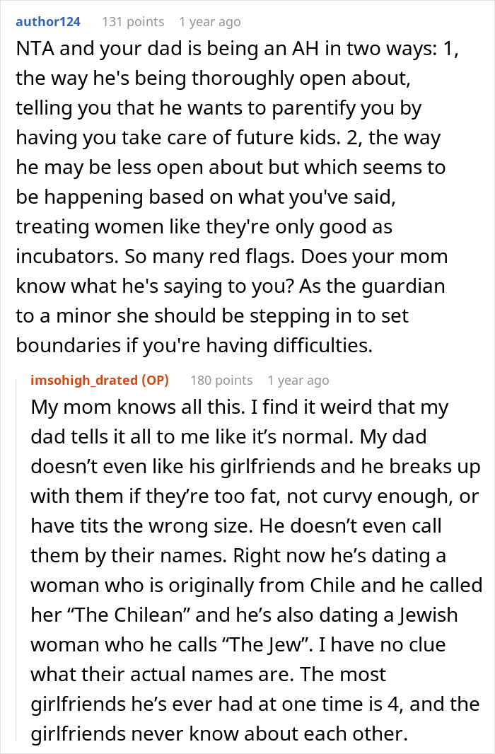 16 Y.O. Is Called Names After Telling Her Dad She Won’t Be Raising His Future Kids 16 Y.O. Is Called Names After Telling Her Dad She Won’t Be Raising His Future Kids