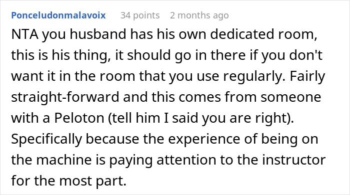 Woman Doesn’t Let Husband Invade Her Personal Corner At Home With His Peloton, Drama Ensues