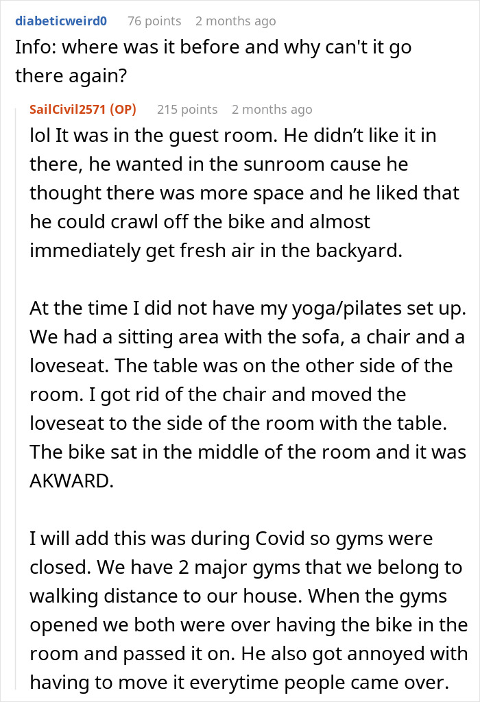 Woman Doesn’t Let Husband Invade Her Personal Corner At Home With His Peloton, Drama Ensues Woman Doesn’t Let Husband Invade Her Personal Corner At Home With His Peloton, Drama Ensues