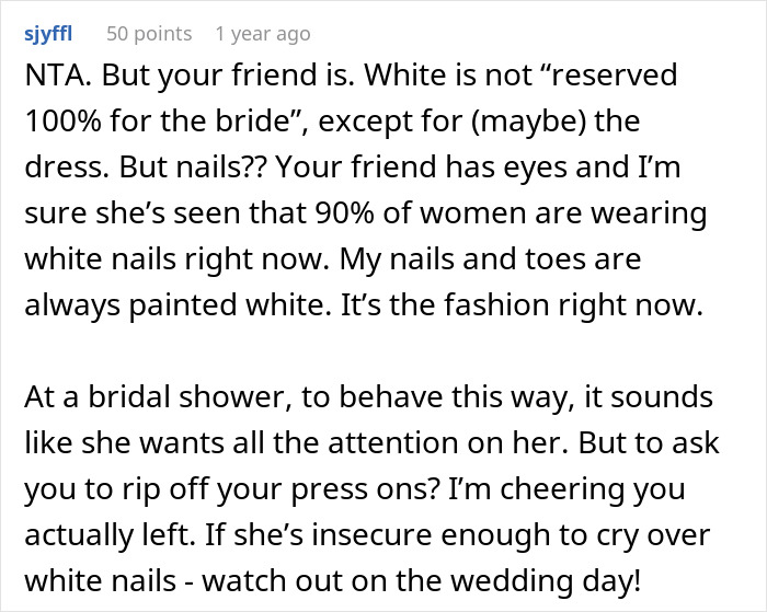 Bride Left In Tears After Friend Had The Audacity To Wear White Nails To Her Bridal Shower