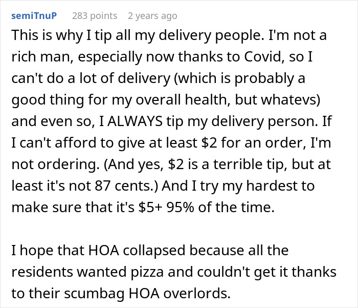 HOA Tips 87 Cents On Huge Pizza Delivery, Regrets It After It Backfires For The Entire Neighborhood