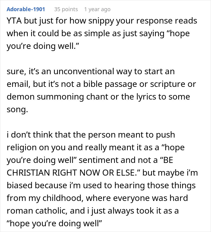 Woman Shuts Down Religious Email At Work, Says “I Don’t Like Prayer/Blessed Language Directed At Me” Woman Shuts Down Religious Email At Work, Says “I Don’t Like Prayer/Blessed Language Directed At Me”