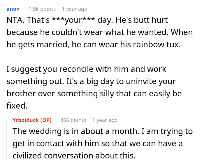 "AITA For Uninviting My Gay Brother And His Boyfriend To My Wedding?" "AITA For Uninviting My Gay Brother And His Boyfriend To My Wedding?"