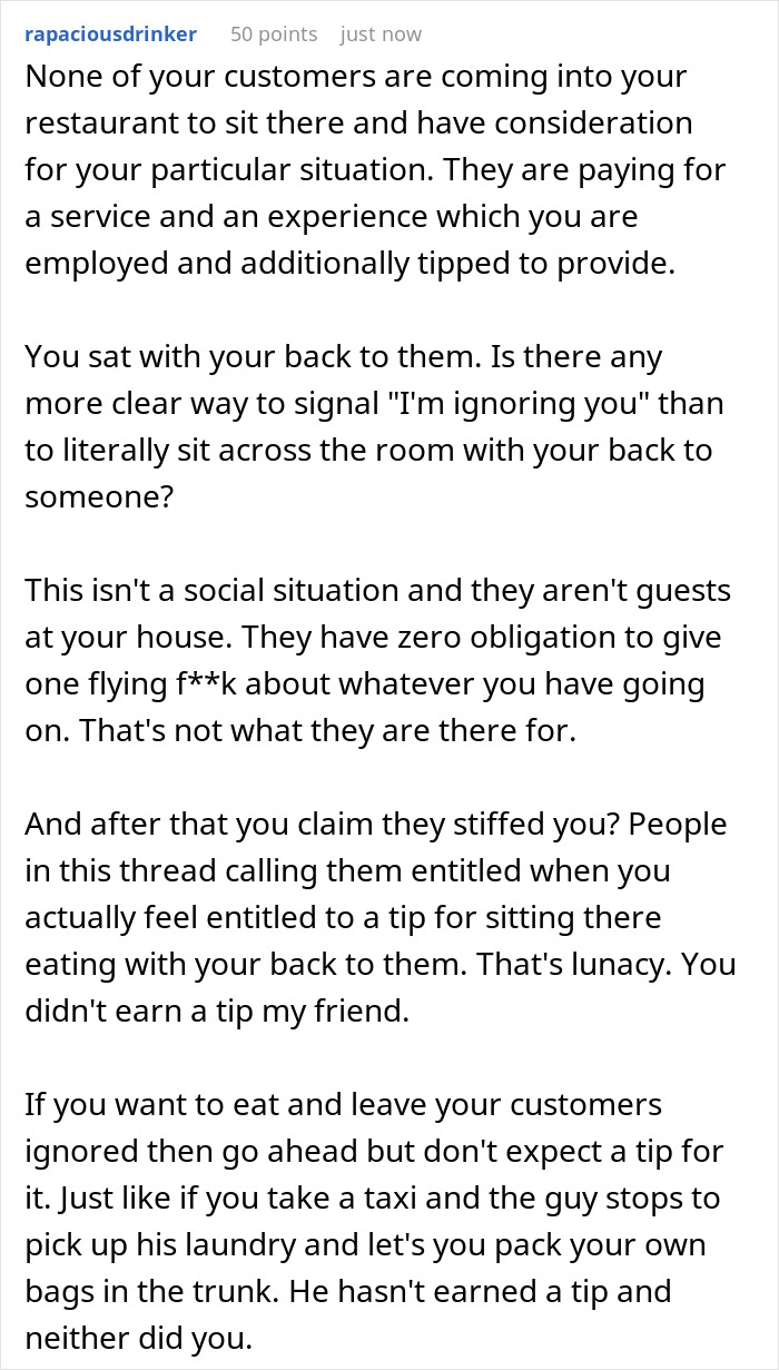 Restaurant Customers Upset At Having To See A Worker Eat At A Table Far Away From Them Restaurant Customers Upset At Having To See A Worker Eat At A Table Far Away From Them