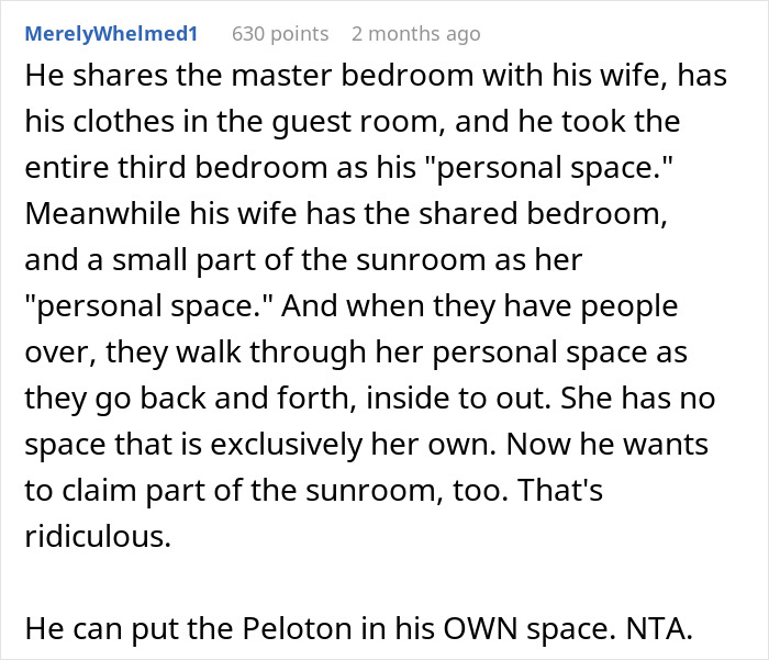 Woman Doesn’t Let Husband Invade Her Personal Corner At Home With His Peloton, Drama Ensues