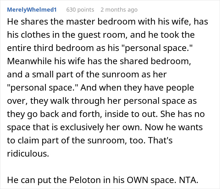 Woman Doesn’t Let Husband Invade Her Personal Corner At Home With His Peloton, Drama Ensues Woman Doesn’t Let Husband Invade Her Personal Corner At Home With His Peloton, Drama Ensues