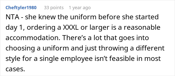 People Support This Boss For Refusing To Completely Change The Uniform For One Plus-Size Worker