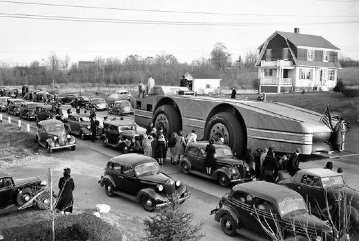 Admiral Richard Byrd’s Antarctic Snow Cruiser Passes Through Traffic And Onlookers On Its Trek From Chicago To Boston 