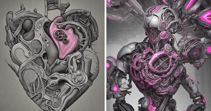 My Gray, Pink Collection Of Biomech Hearts Created With The Help Of AI (12 Pics)