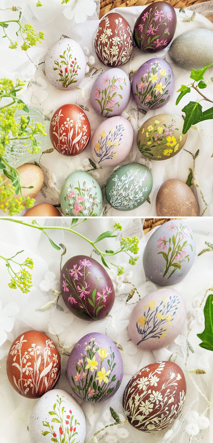 Happy Easter. I Had Great Fun Dyeing These Eggs And Painting On Them. I Used Red Cabbage, Onion Peels, And Stinging Nettles To Dye Them, And I Love The Colors