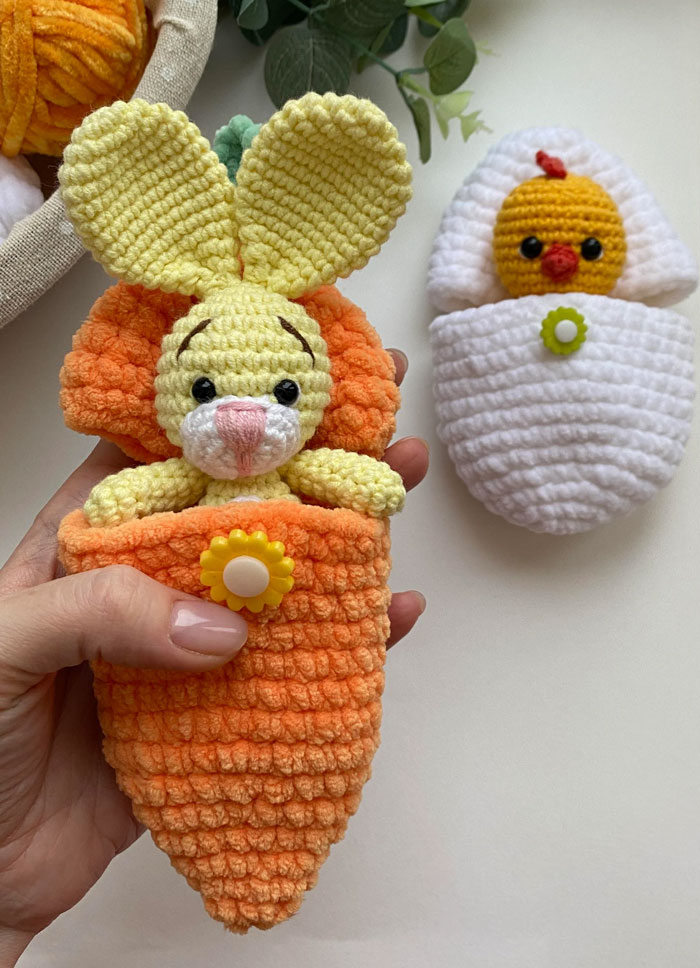 Easter Bunny In A Carrot And A Little Chick In An Egg