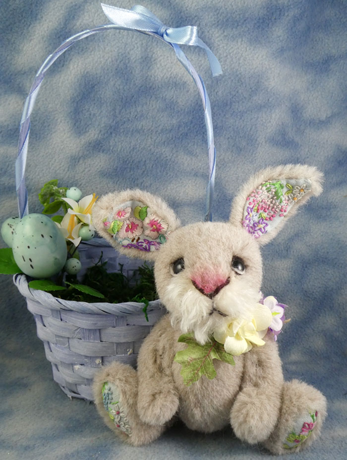 Meet Elsie, Sitting Pretty With Her Pale Blue Easter Basket With Flowers And Speckled Eggs. She's A Kind Bunny With The Most Beautifully Embroidered Inner Ears And Footpads