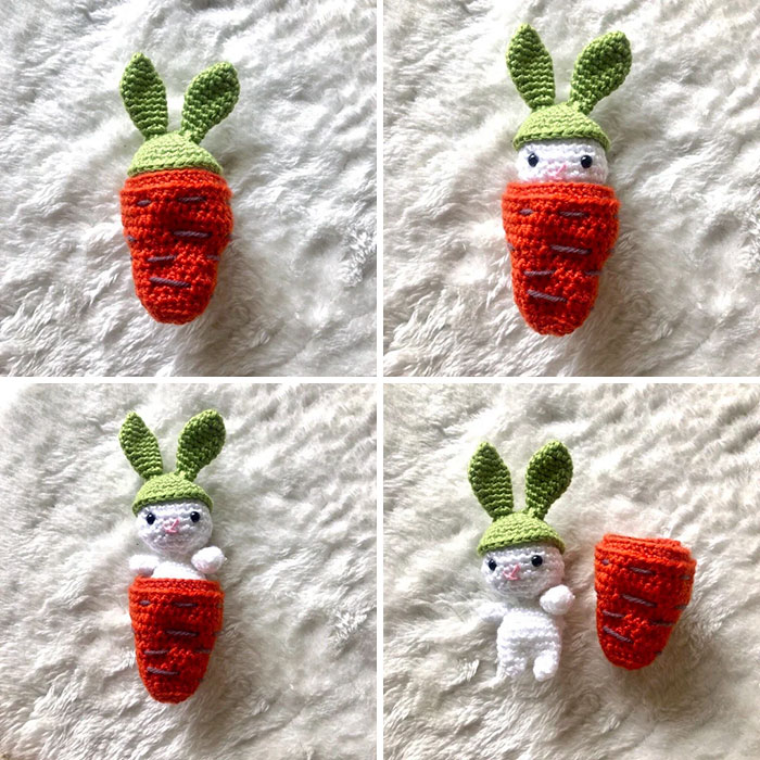 I Whipped Up This Cutie For Easter. The Carrot Does Stand Up, Just Looks A Little Stretched Due To Bunny Being Done In A Slightly Thicker Yarn