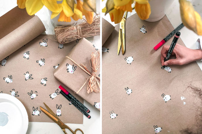 We Made Our Own Bunny Finger Print Wrapping Paper Using Some Simple Kraft Paper
