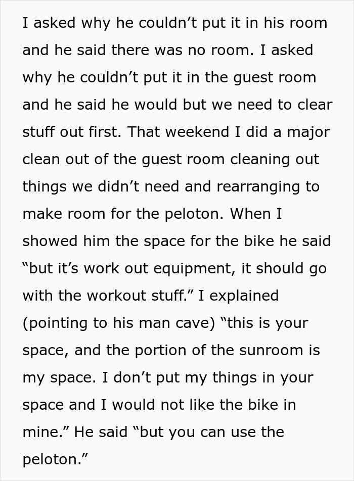 Woman Doesn’t Let Husband Invade Her Personal Corner At Home With His Peloton, Drama Ensues Woman Doesn’t Let Husband Invade Her Personal Corner At Home With His Peloton, Drama Ensues