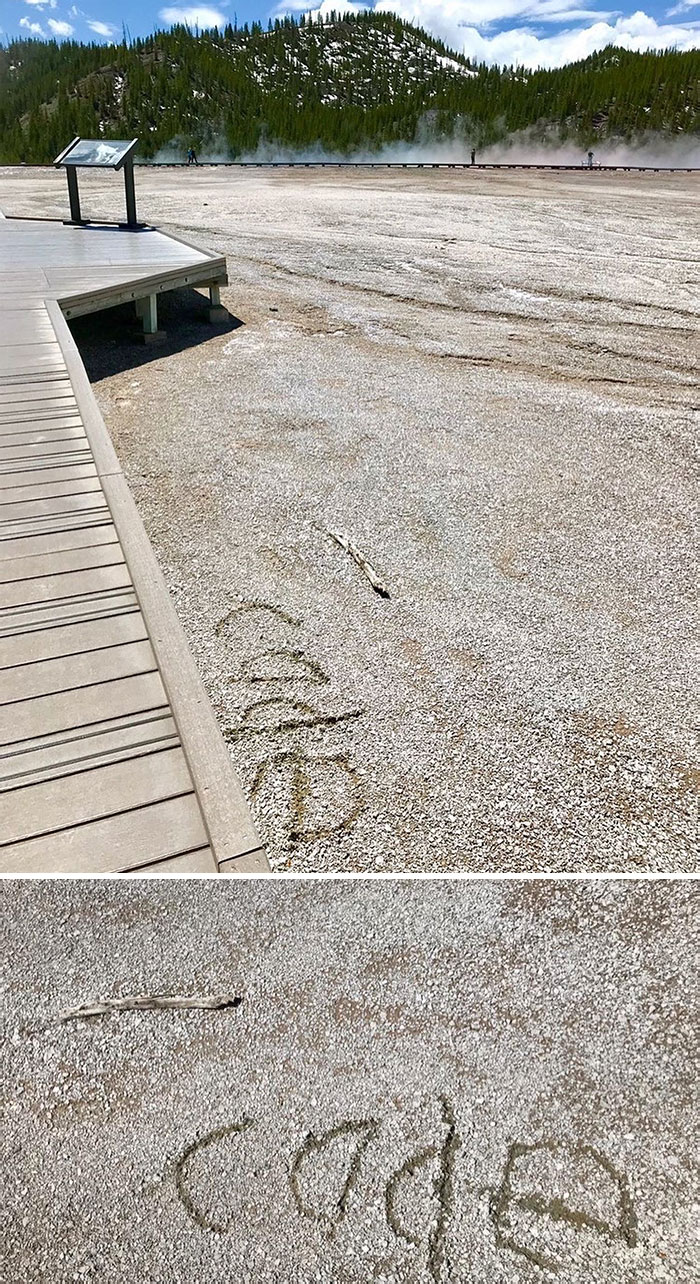 Tourist Vandalism On The Microbial Mats Of The Grand Prismatic Spring In Yellowstone Yesterday
