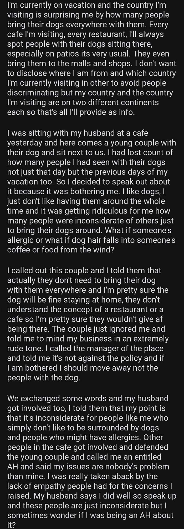 Karen Vacations In Another Country, Doesn't Like That People Take Their Dogs Everywhere With Them, And Speaks To The Manager