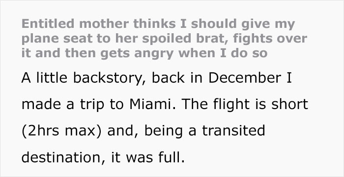 "Entitled Mom Thinks I Should Give My Plane Seat To Her Spoiled Brat, Fights Over It" "Entitled Mom Thinks I Should Give My Plane Seat To Her Spoiled Brat, Fights Over It"