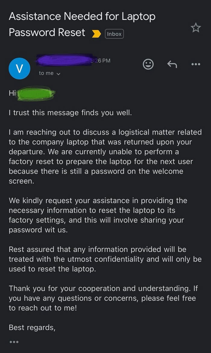 Company Seeks Employee Out, Terminates Them In 30 Days But Asks For Laptop Password After 6 Months