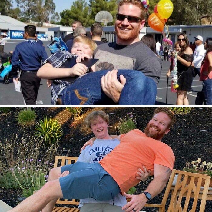 Me Holding My Son At His 8th Grade Graduation vs. Him Holding Me At His High School Graduation