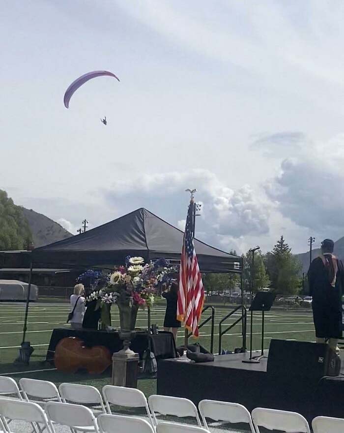 My Boss (The High School Principal) Arrived For Graduation Today Via Paraglider