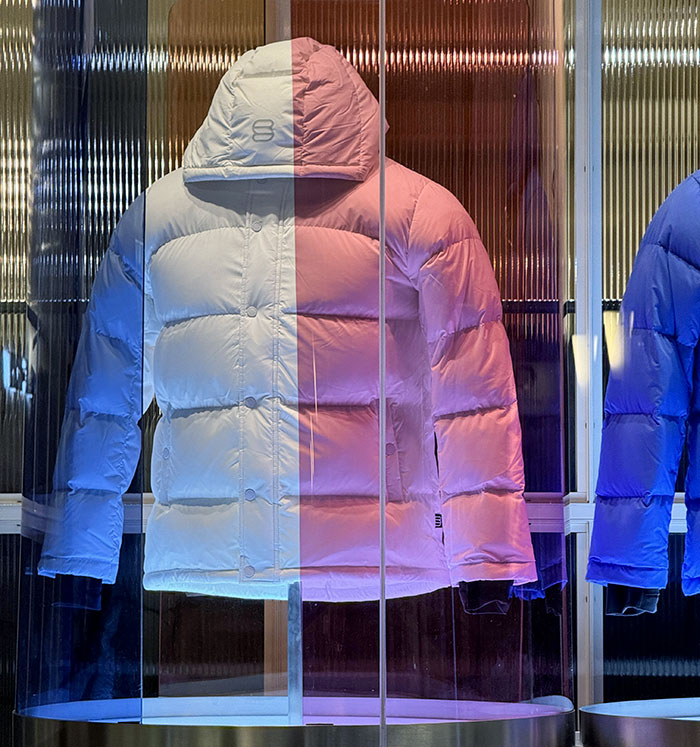 This Storefront Uses Tinted Sheets Of Plastic To Show You What The Jacket Would Look Like In Different Colors