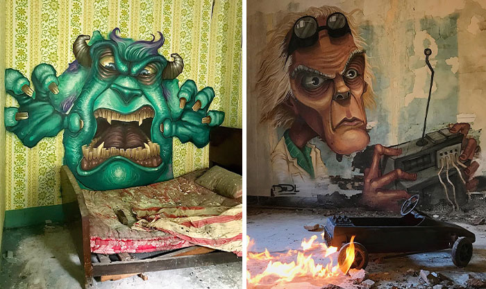 24 Dark, Twisted Graffiti Portraits Of Popular Characters In Abandoned Buildings By DavidL (New Pics)