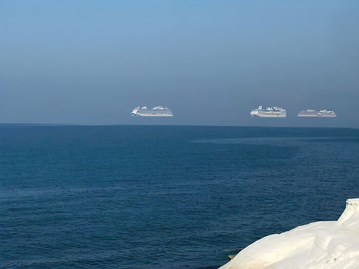 Fata-Morgana Phenomenon, Flying Cruise Ships Illusion On The South East Shores Of Cyprus