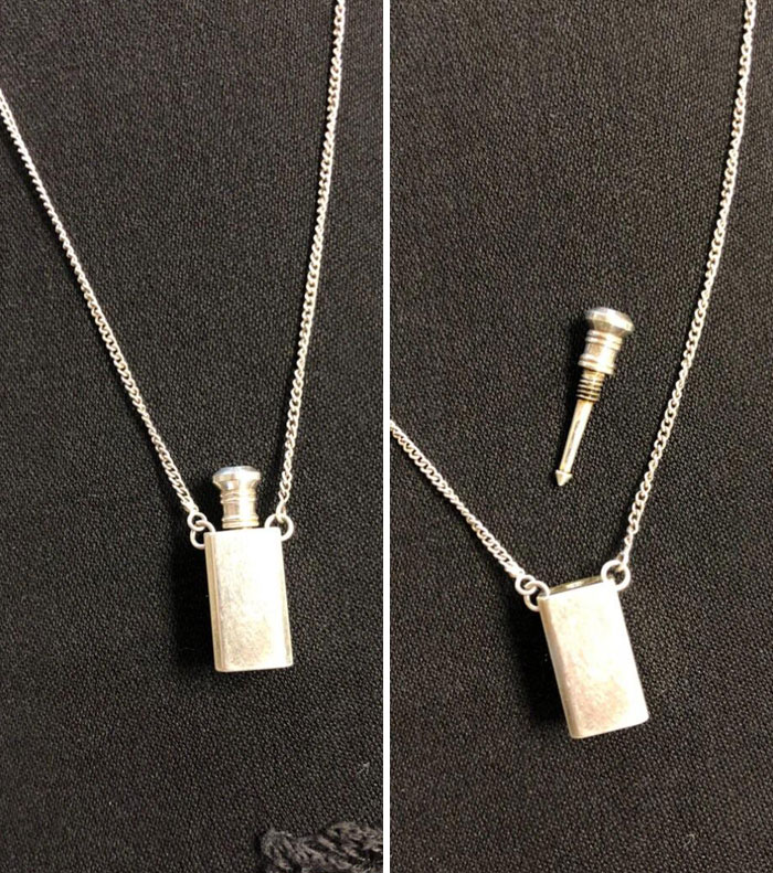 I Inherited This Perfume Bottle Necklace When My Mom Passed Away. I Think She Wore It In The 70s. And I Just Found Out It Has A Secret - This Pointy, Mini Arrow-Looking Thing Comes Out