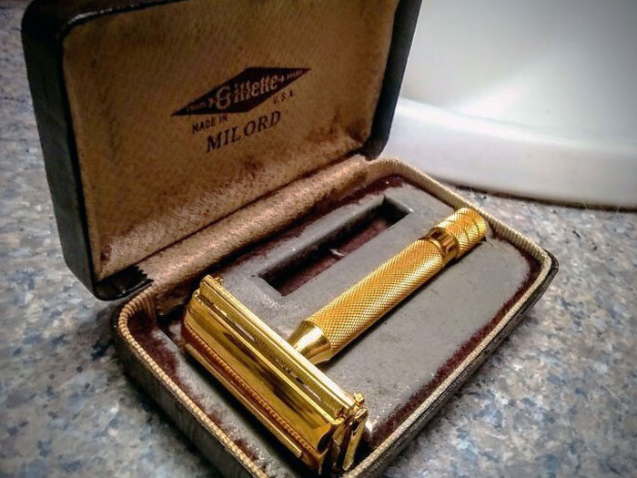 My Grandpa's Razor I Inherited. Used To Shave With Him (Without Razor In) When Little. 25 Years Later, I'm Here, Cleaned It Up And Threw a New Razor In. 1940s Gold Plated DE