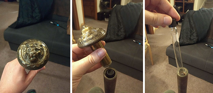 I Inherited A Neat Lion's Head Cane With A Secret Compartment Containing A Glass Vial For... Storage
