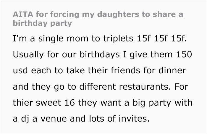 Triplets Want Individual "Sweet 16s", Tell Mom To Get An Extra Job If She Can't Afford It
