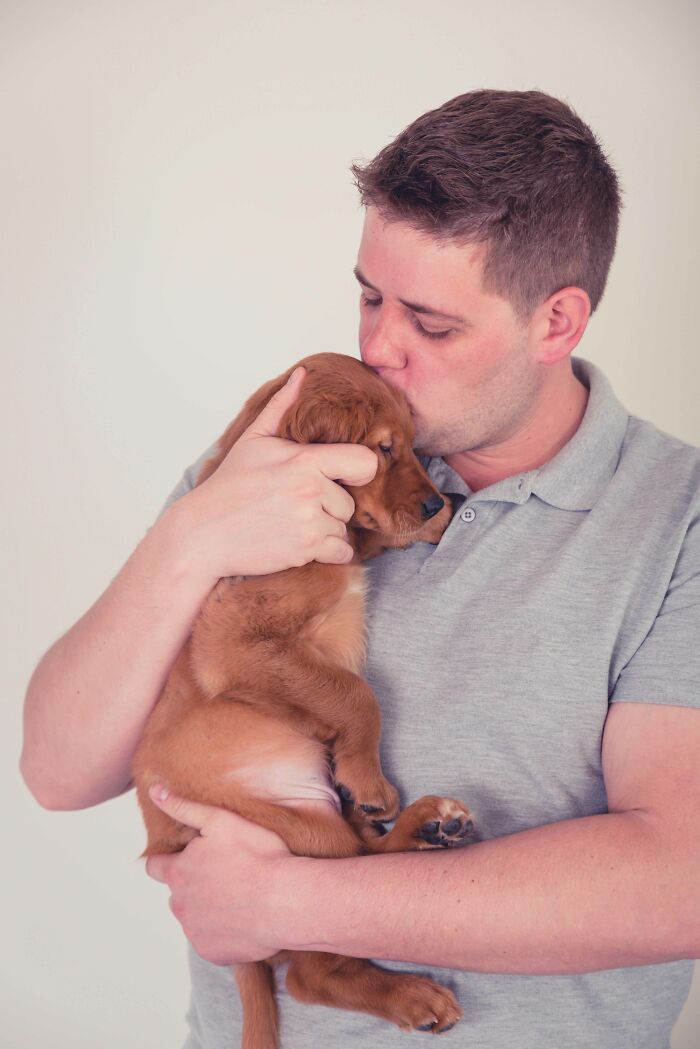 River The Red Retriever Puppy Gets A Big Hug And Kiss From Dog Dad