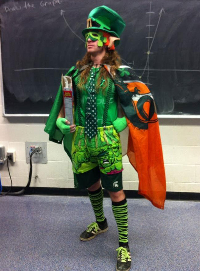 Epic St. Patrick's Day Costume Worn By My Friend's Professor. It's The Hulk Shorts And The Box Of Lucky Charms That Really Bring It Together