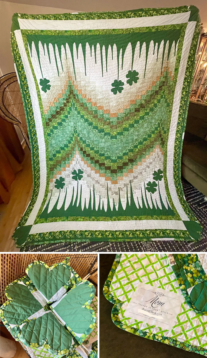 My Mom Was Born On St. Patrick's Day 1959, The Same Year Pyrex Debuted The Rare "Lucky In Love" Pattern. Here To Share Her Four-Leaf Clover Birthday Quilt I Made