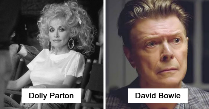 Black and white photo of Dolly Parton and color photo of David Bowie, two famous people who declined major awards.