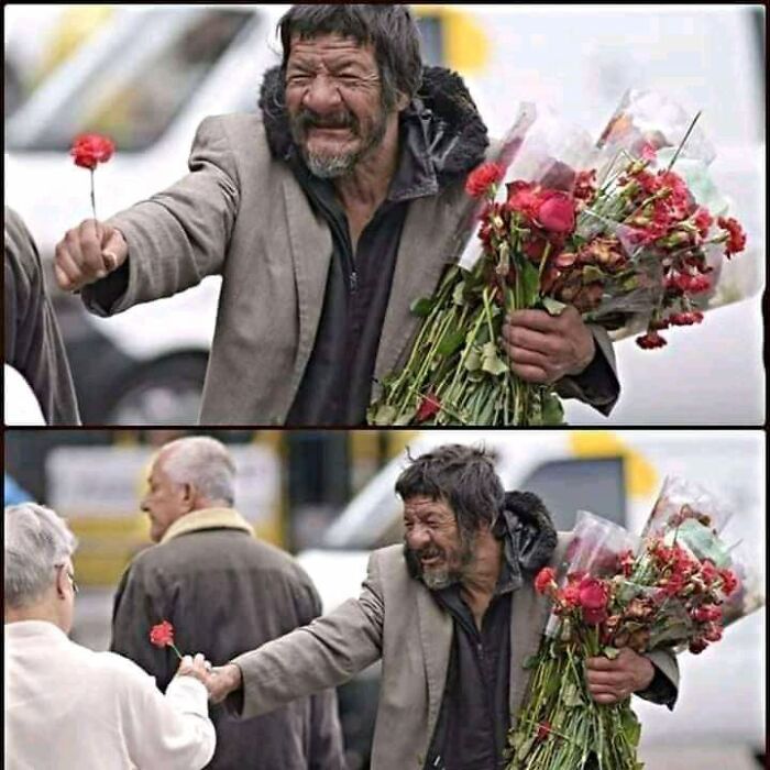 He Is Homeless Man But Everyday He Hands Out Flowers Left Over From The Markets Just To Make People Happy And Smile