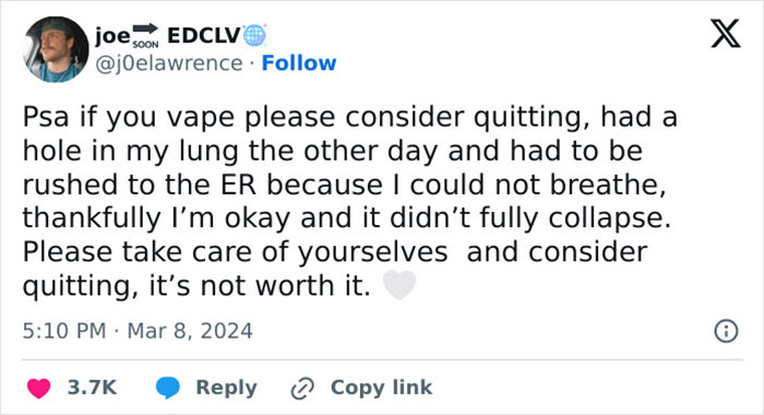 Man Trolled Online After Urging People To Quit Vaping Following Lung Damage