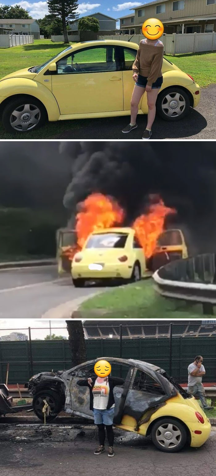 Me Posing With My Sister's Car vs. One Day Later. At Least No One Was Hurt