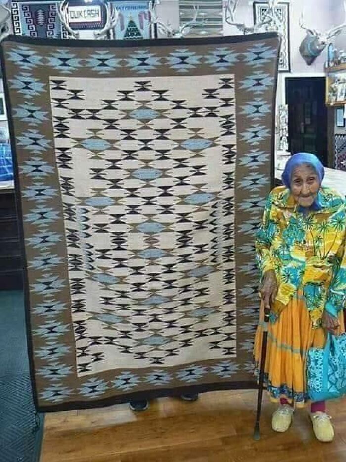 Hand Woven Rug Made By 90 Years Old Elder Alice Begay, Of The Navajo" Nation