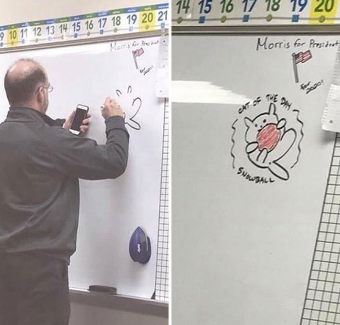 Our Ex-Marine Teacher Has A Student Draw A "Cat Of The Day" On The Board Because He Likes To. He Was Absent On Friday And Wasn't Able To Do So