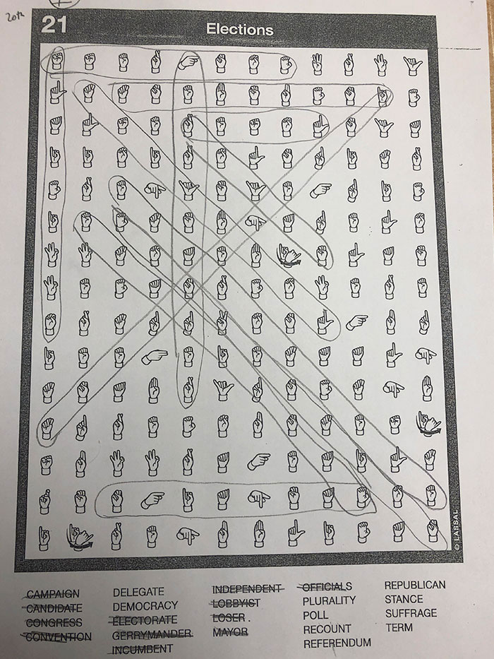 Our Teacher Had Us Do Word Searches In ASL To Practice Fingerspelling
