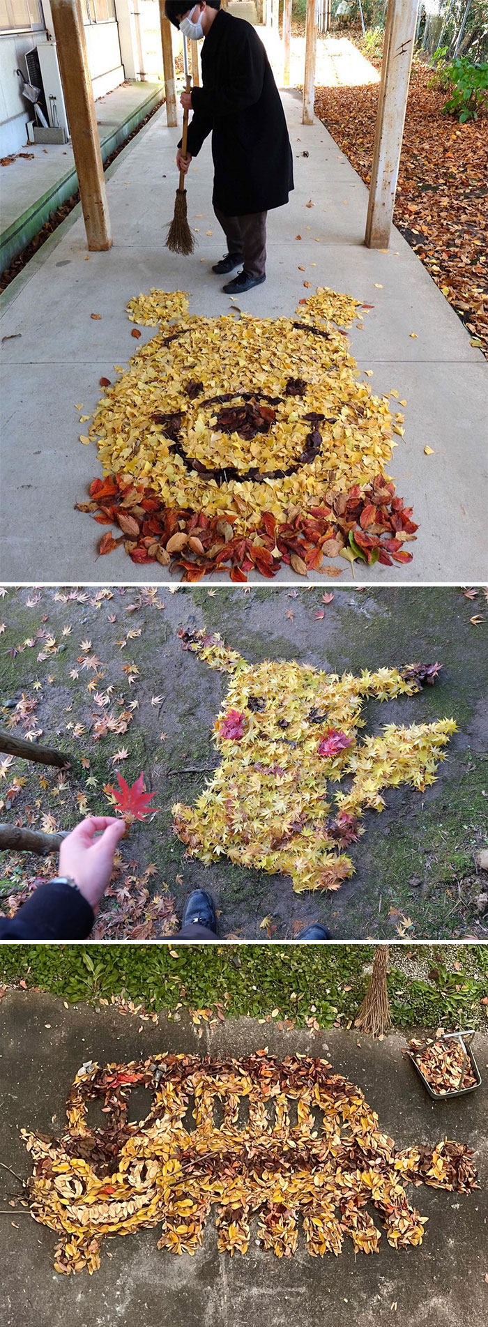 This Elementary Teacher Rakes Leaves In The Schoolyard Into Adorable Cartoon Characters Every Morning