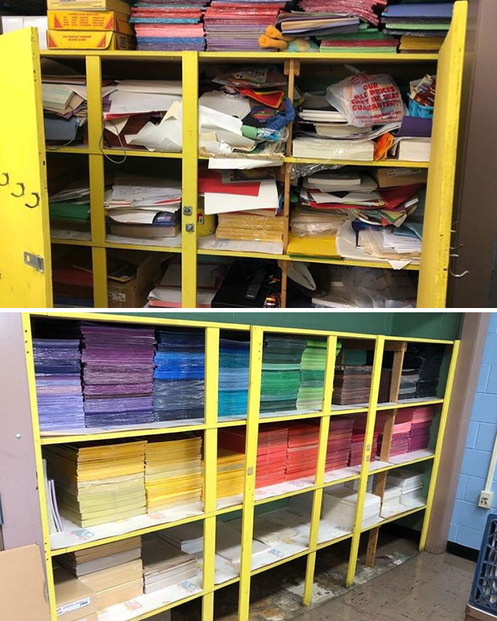 I’m An Art Teacher And I Moved To A New School This Past Summer. The Previous Teacher Did Not Share My Love Of Organization. Behold The Before And After Of My Paper Closet