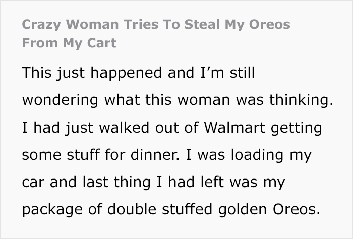 Entitled Mom Steals ‘Golden Double Stuff’ Oreo Pack From Man’s Cart In Parking Lot, Drama Ensues Entitled Mom Steals ‘Golden Double Stuff’ Oreo Pack From Man’s Cart In Parking Lot, Drama Ensues