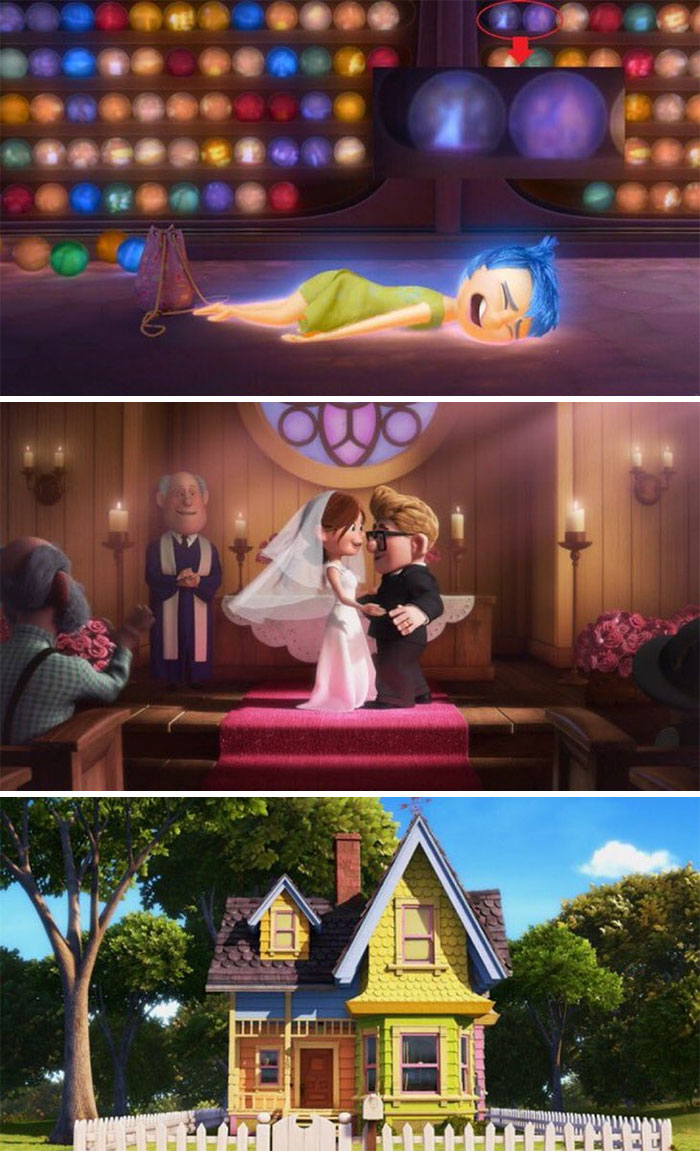 In Inside Out (2015) Two Of The Memory Orbs On The Shelves Contain Scenes From Up (2009). One Features Carl And Ellie’s Wedding, While The Other Shows Their House