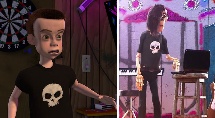 In Coco (2017), A Skeleton Is Wearing Sid's Shirt From Toy Story (1995)